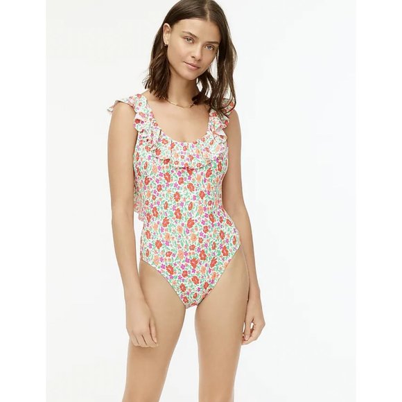J. Crew Other - J. Crew $118 Ruffle Scoopback One Piece Swimsuit Storybook Floral Size 16 AU988